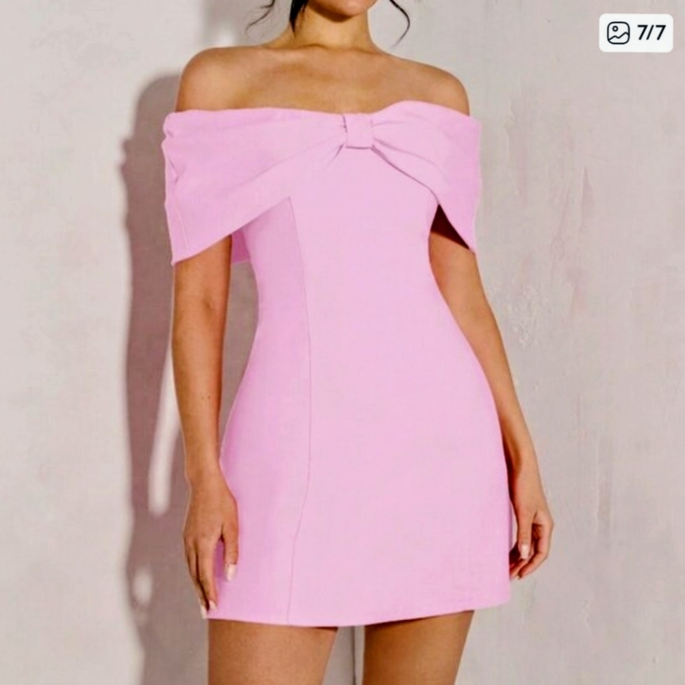 Pink Elegant Women's Off Shoulder Bowknot Cocktail Mini Dress